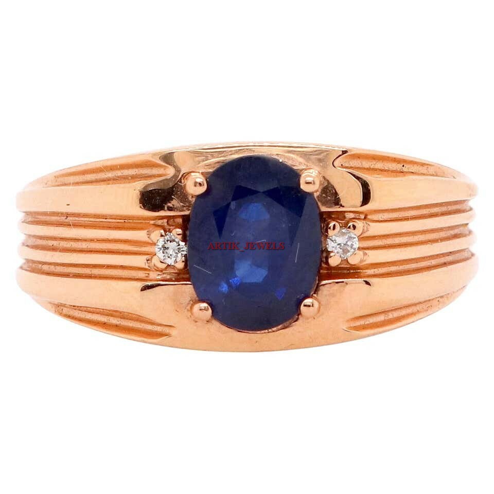 Heated Blue Sapphire Gemstone With 14K Rose Gold Plated Silver Ring for Men’s #3
