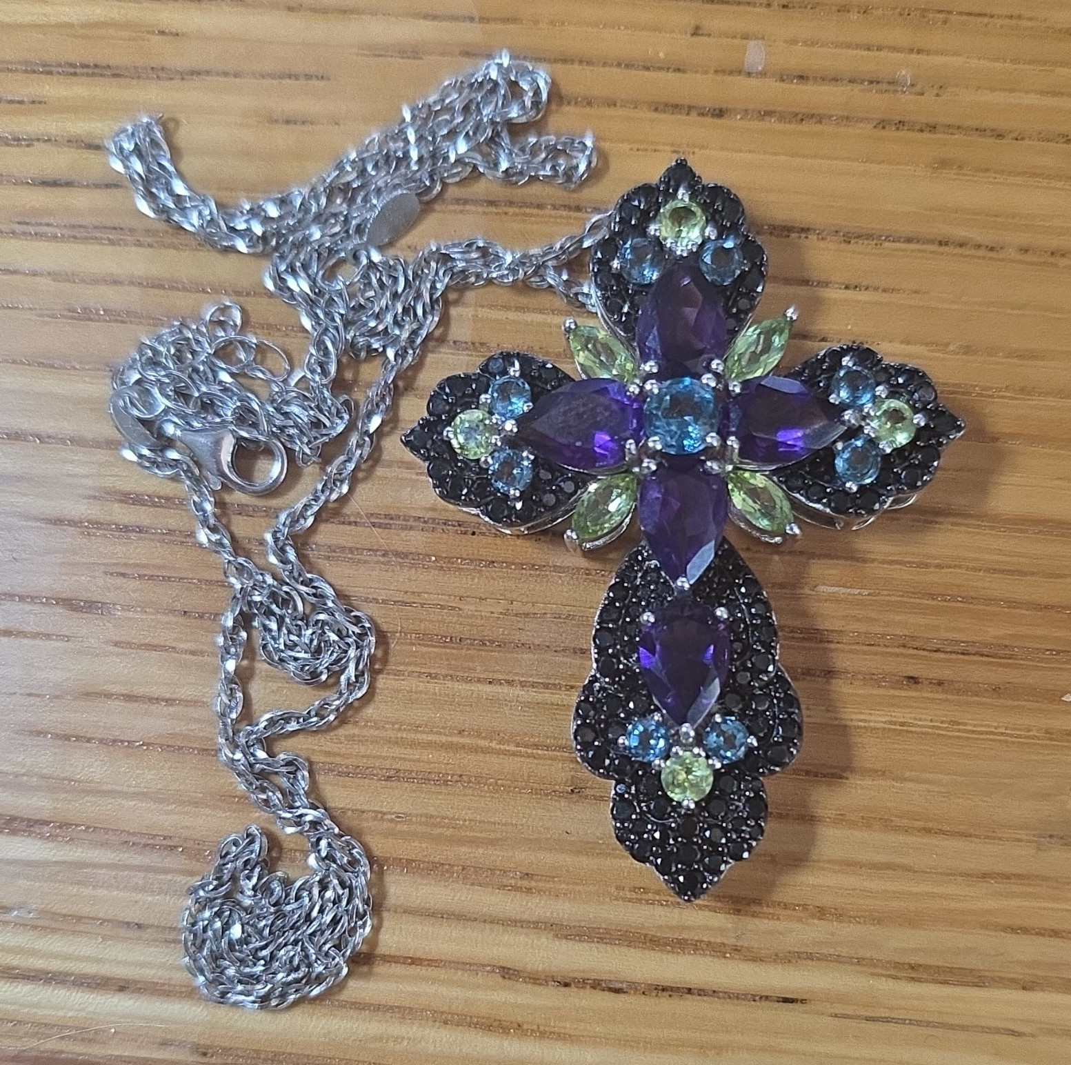 925 Sterling Silver Rope Chain Cross Pendant Necklace w/ Amethyst Peridot Black
