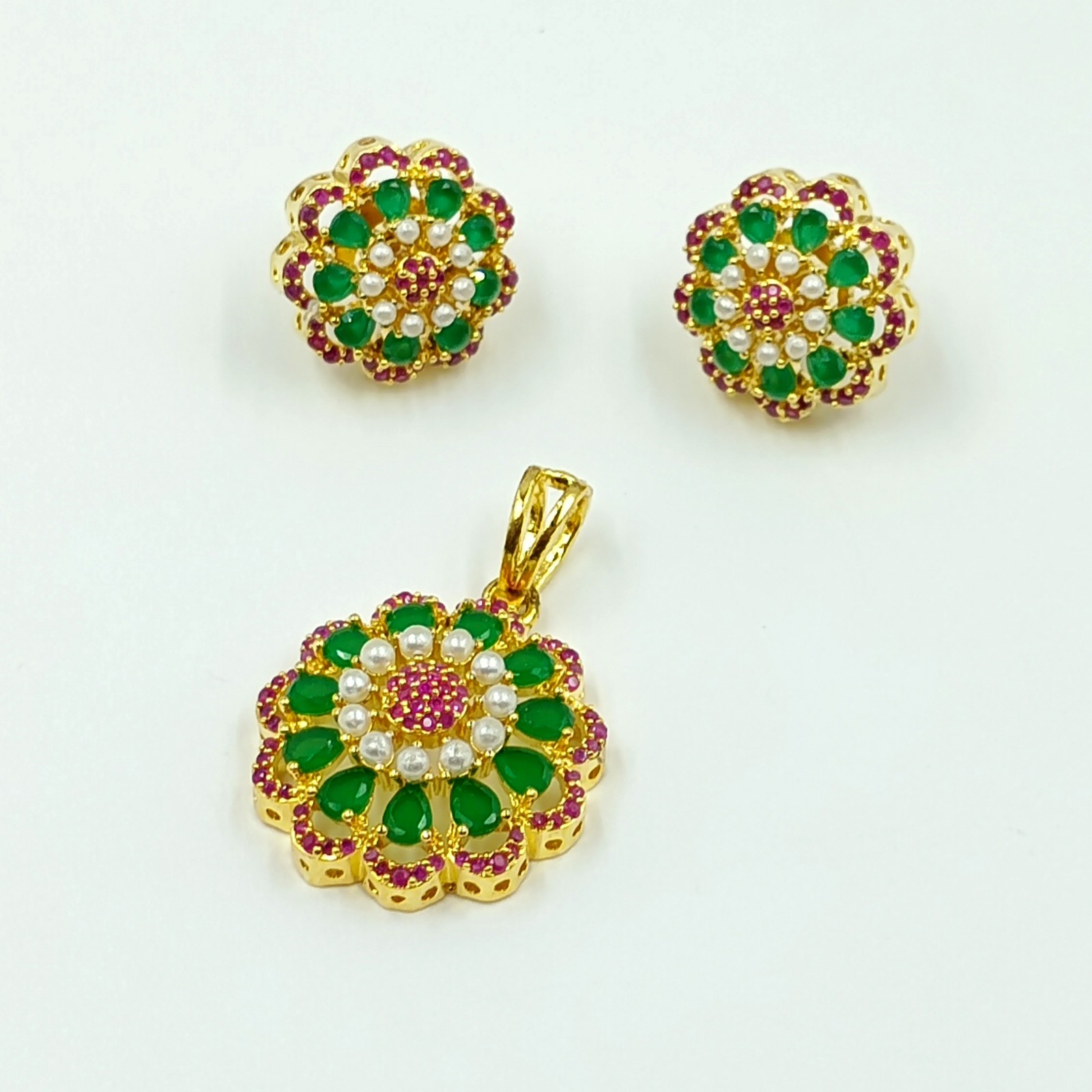 Ruby Emerald Pearl Pendant Set 22k Gold Plated Traditional South Indian