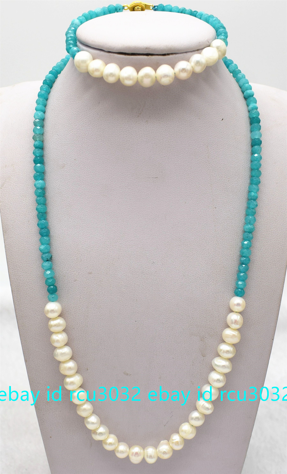 2x4mm Natural Blue Aquamarine & 7-8mm White Pearl Necklace Bracelet 20″