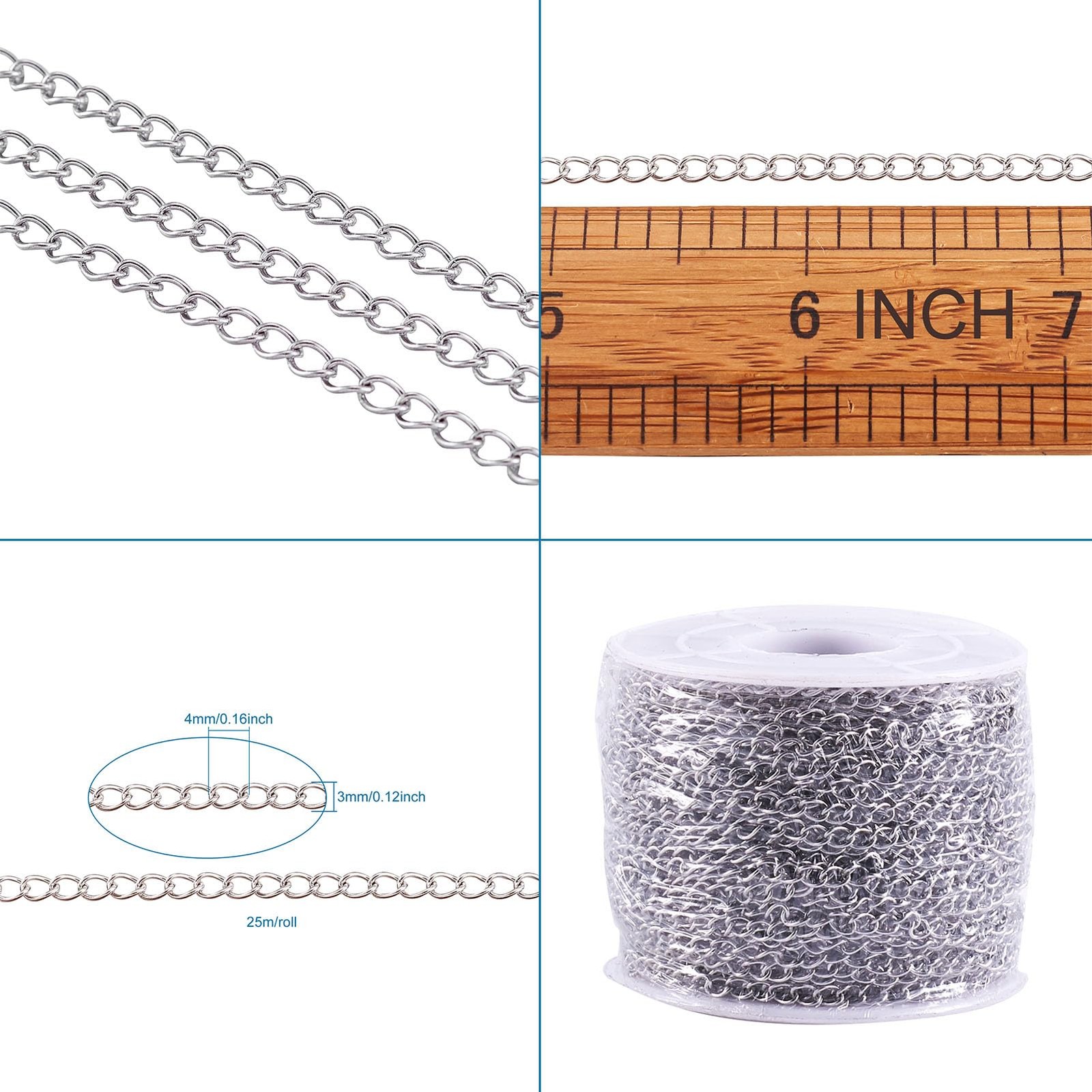 82ft 25M Soldered 304 Stainless Steel Curb Chain 4x3x0.6mm Jewelry Making