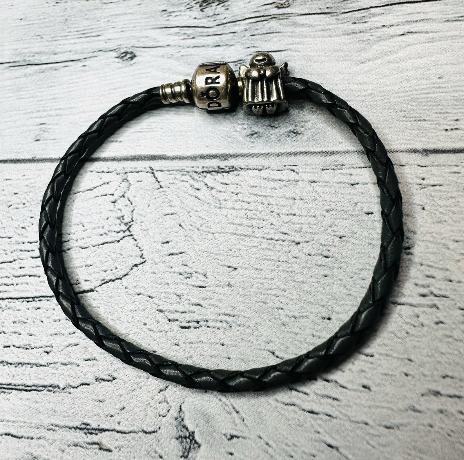 Pandora, Leather Braided Black 7 Inch Bracelet With Silver Tone Angel Charm