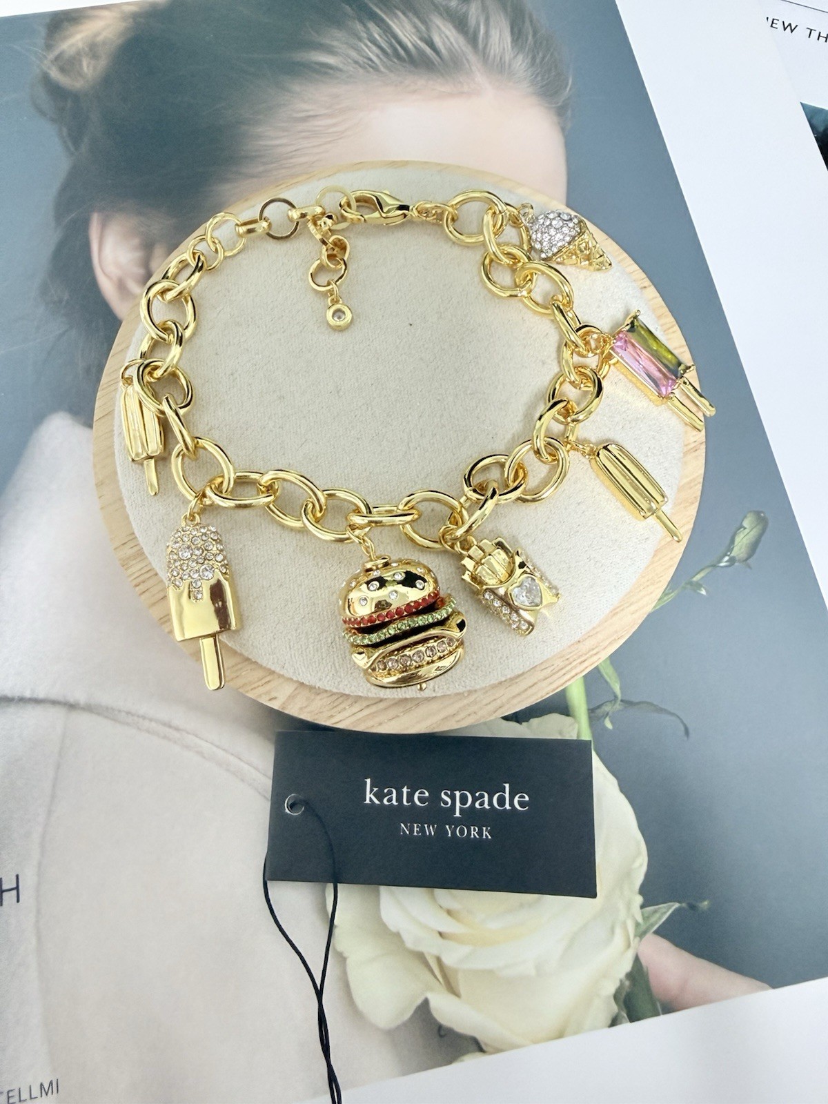 Kate Spade FAST FOOD CHARM Gold Plated Brass CZ Crystals Charm Bracelet
