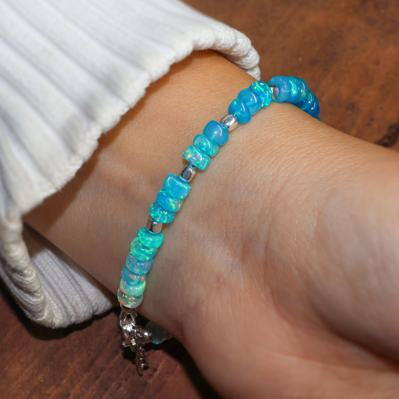 Genuine Paraiba Opal Dainty Bracelet, Natural Fire Opal Three Beads Bracelet
