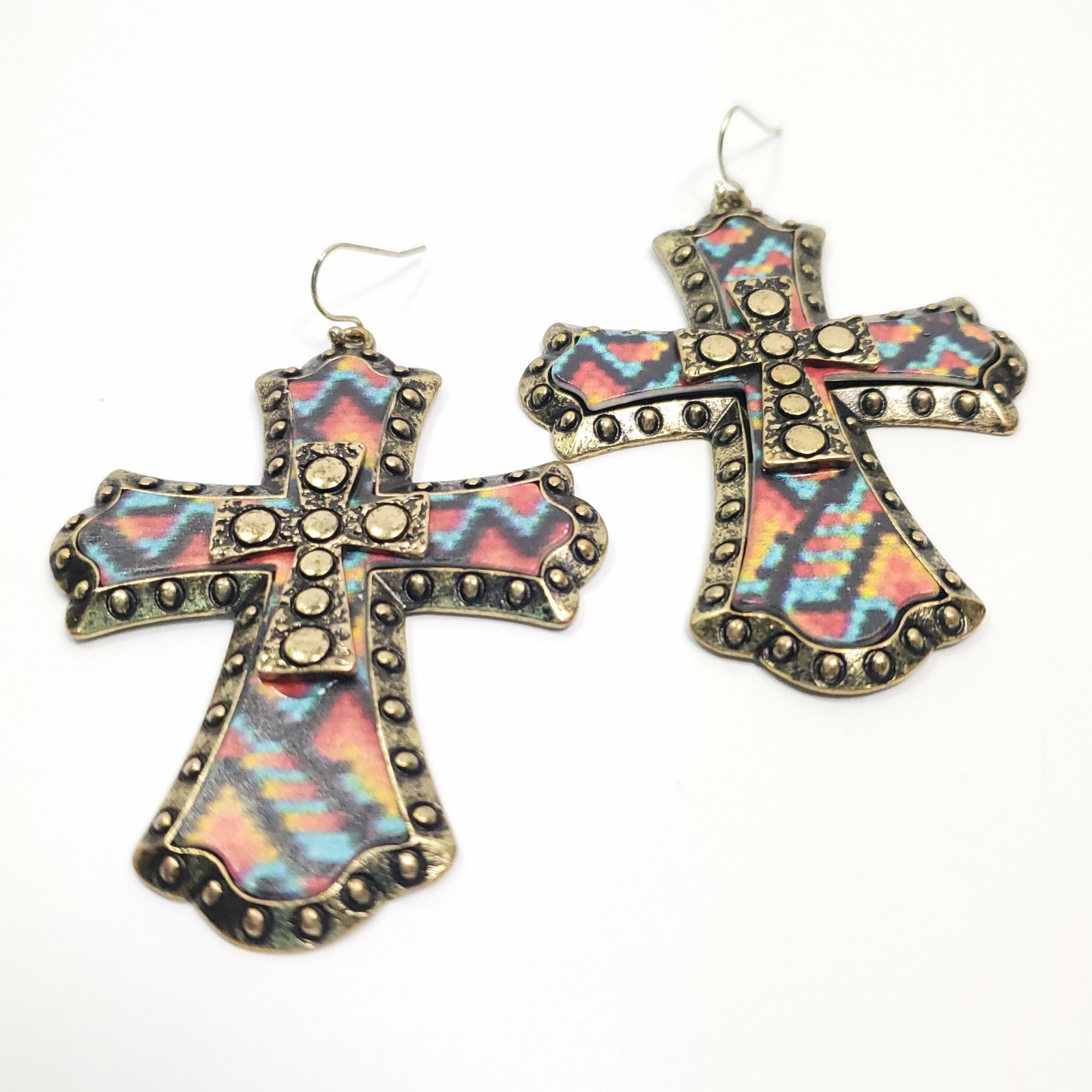 I03 Antique Gold Tone Metal Cross Shape Drop Dangle Hook Earrings