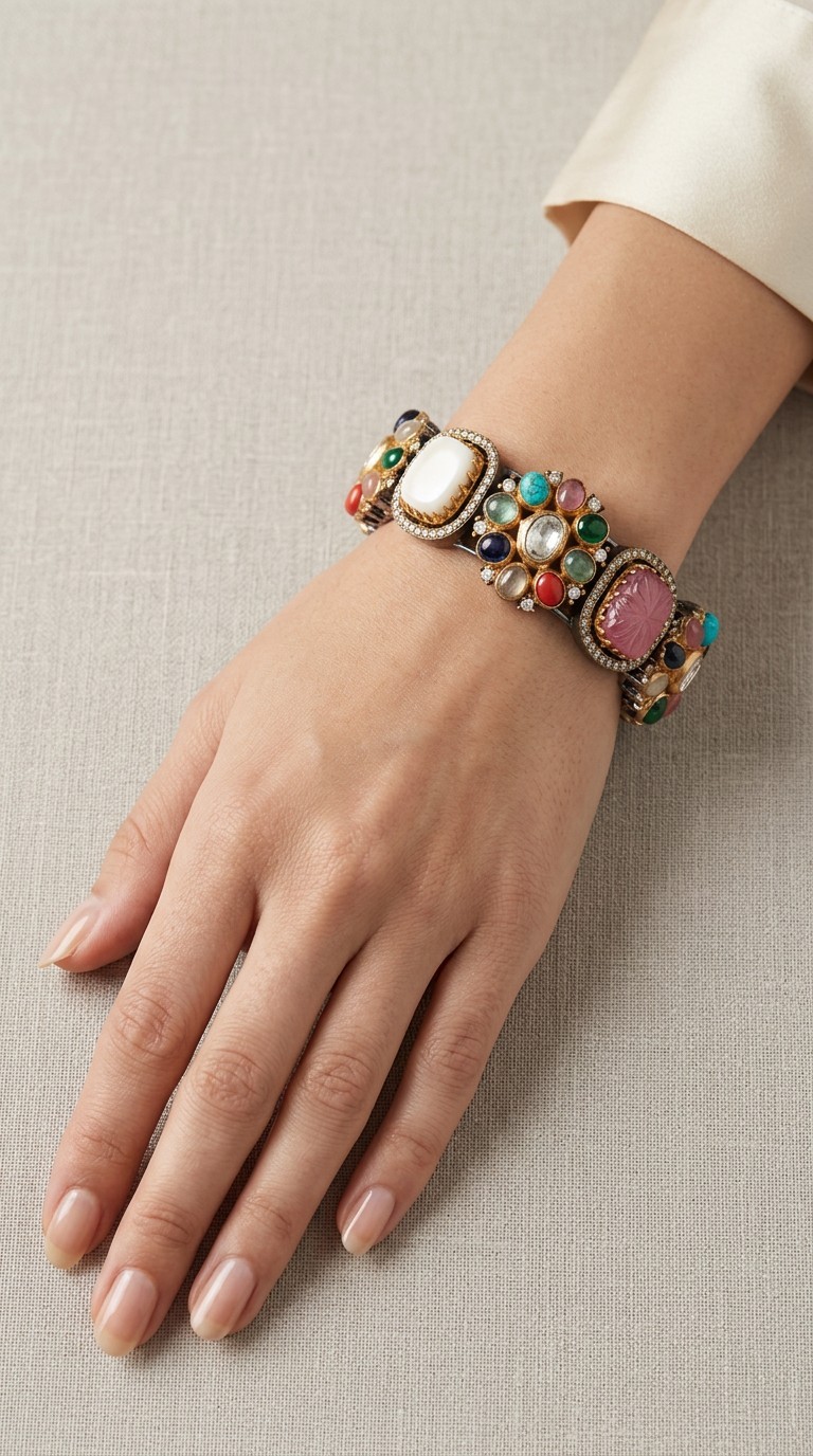 Navratan Openable Kada Bracelet, Sabyasachi Inspired Cuff, Multicolor Gemstone