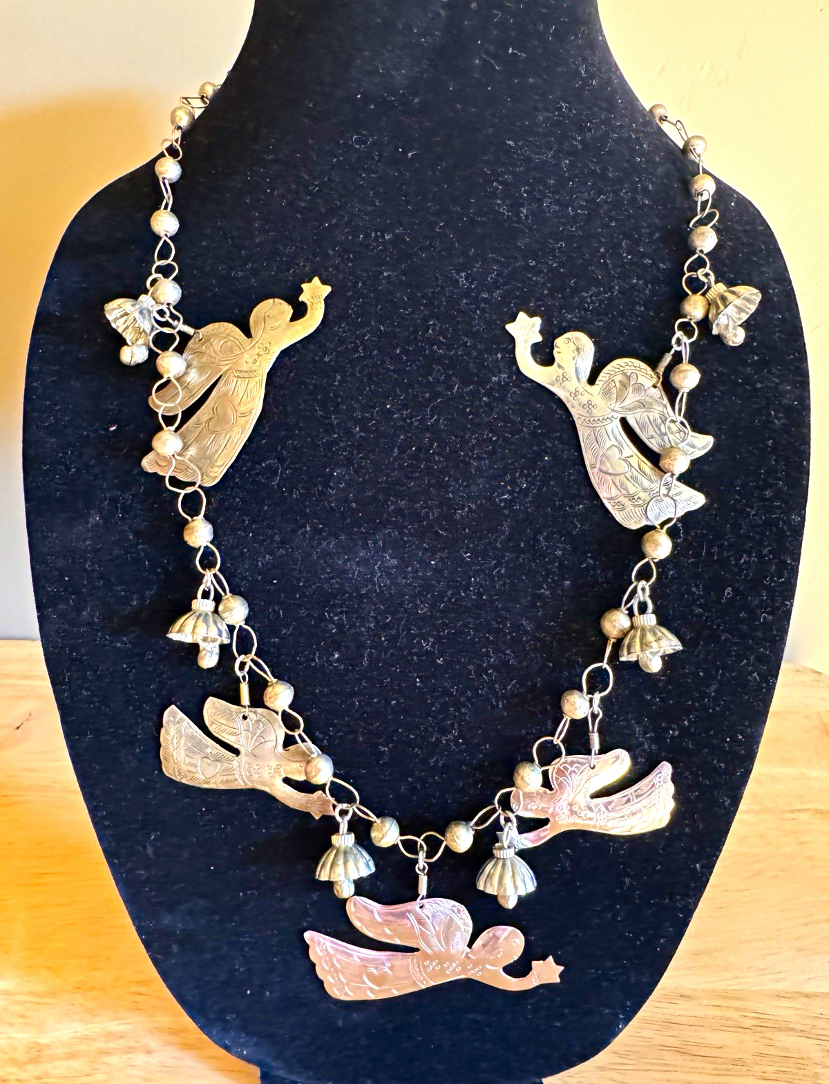 Vintage Artisan Milagro Etched Brass Flying Angel large Charm Necklace