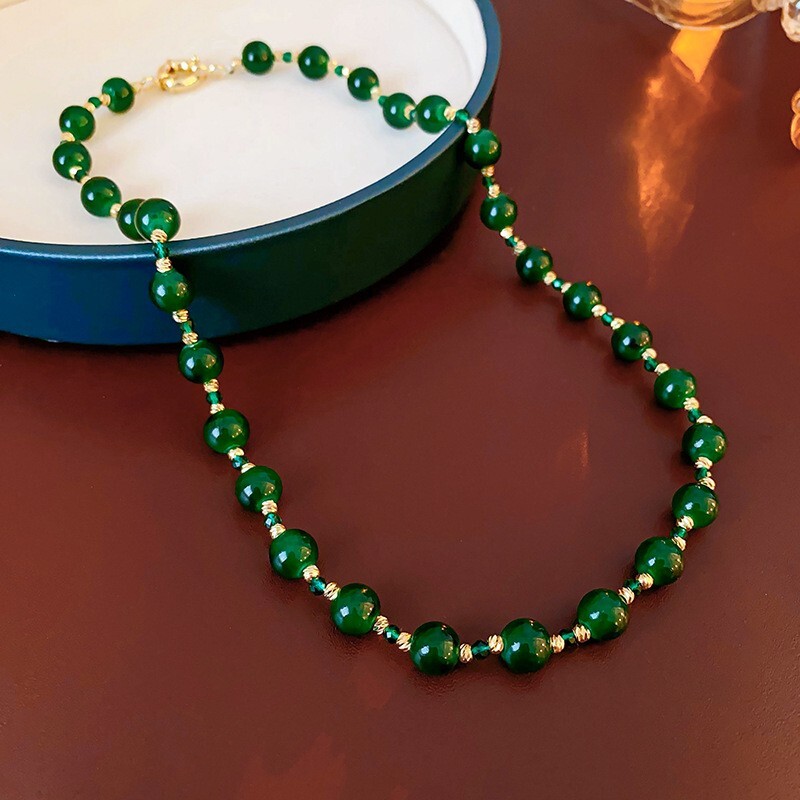 Women Necklace Green Crystal Bead Pendant Necklace Fashion Chain Jewellery