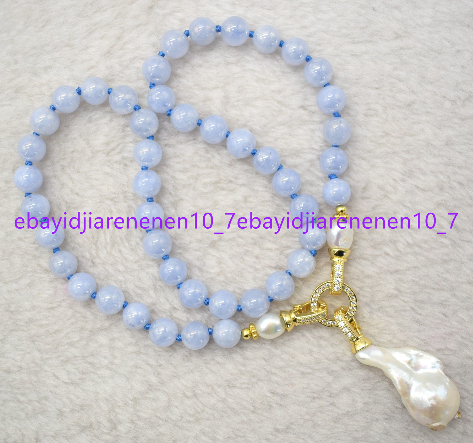 8/10/12mm Mixed Gemstone Round Beads & White Baroque Pearl Pendant Necklace 18in