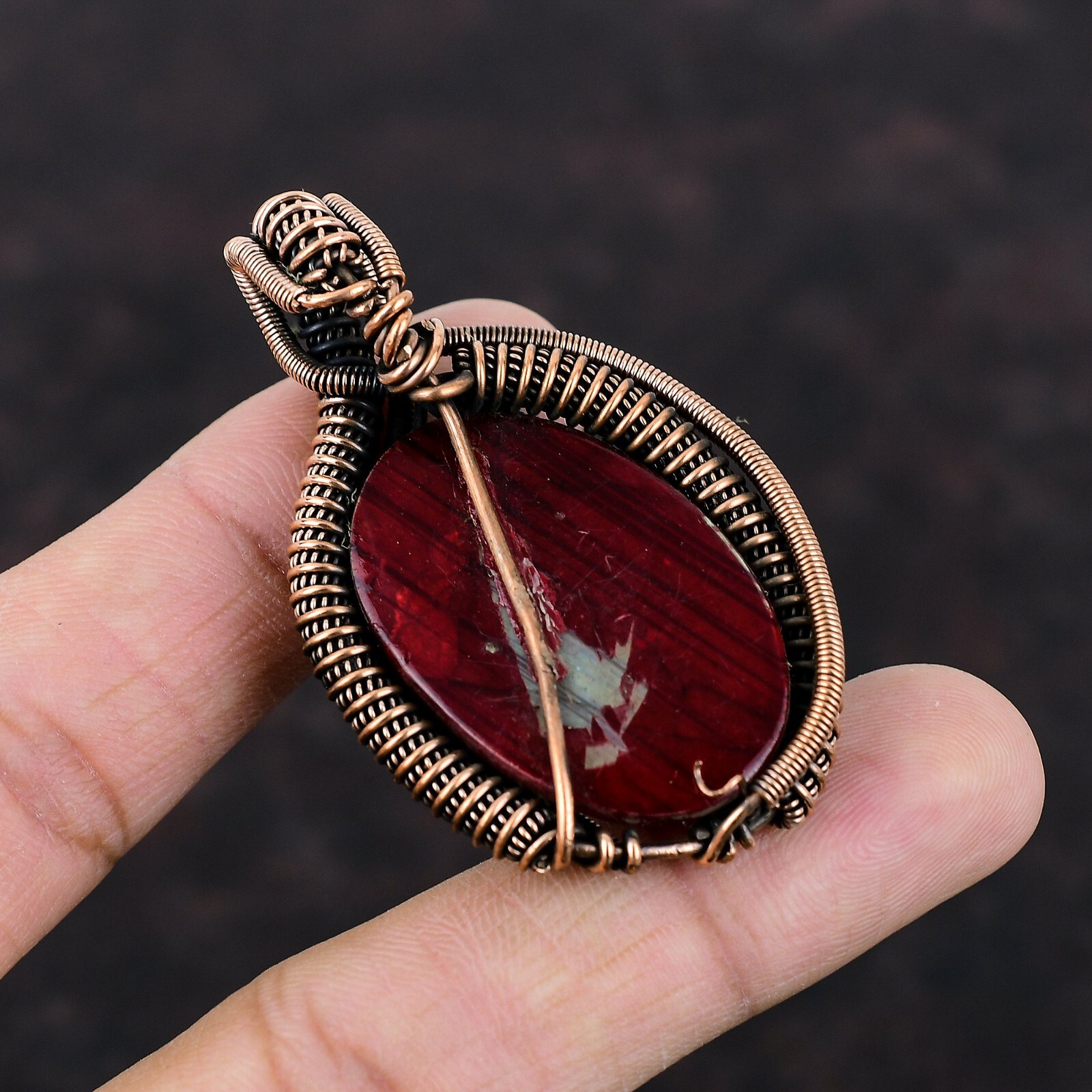 Red Fire Labradorite Wire Wrapped Pendant Handcrafted Copper Dailywear 2.28″
