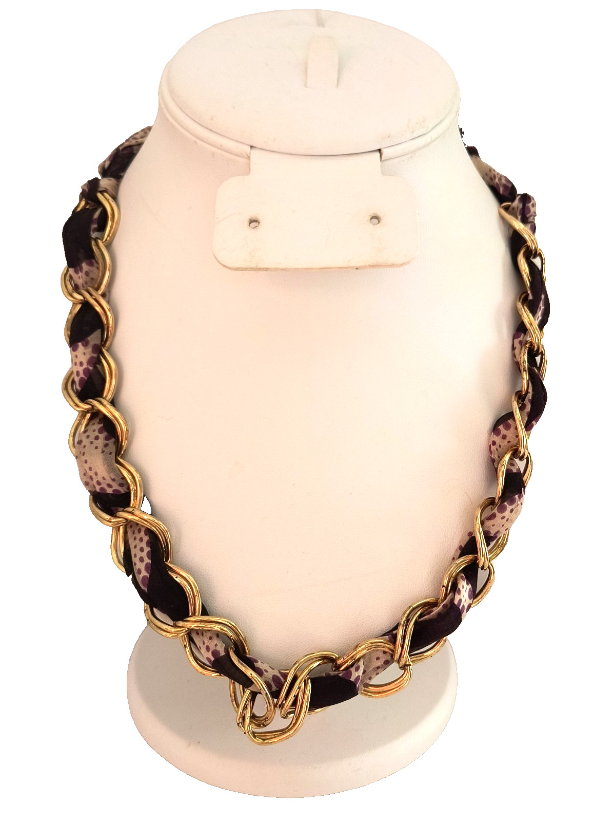 Women’s Necklace GoldTone Metal Brown Tan Polyester Material Tie Close 36″ Long