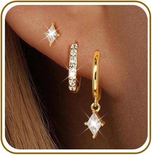 Juego de aretes de aro de oro para mujer, delicados aretes de oro de 14 quilates