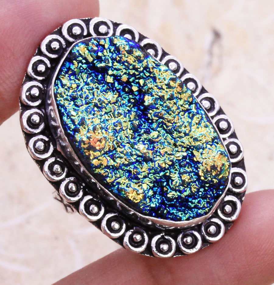 Color Enhanced Titanium Druzy 925 Silver Plated Handmade Ring of US Size 7