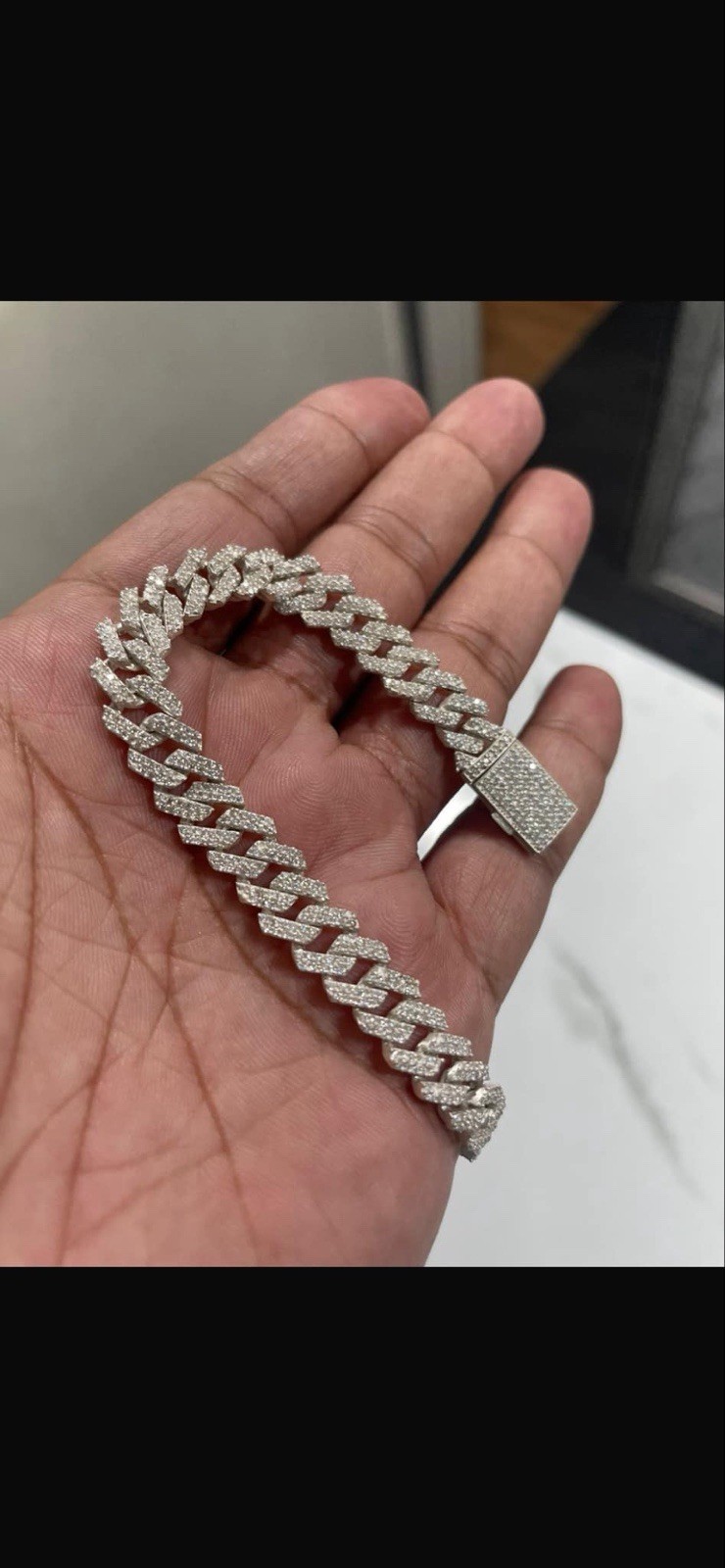 Silver Cuban Link Chain Necklace, diamond natural vvs, Clear Pavé Ice 18inch 9mm
