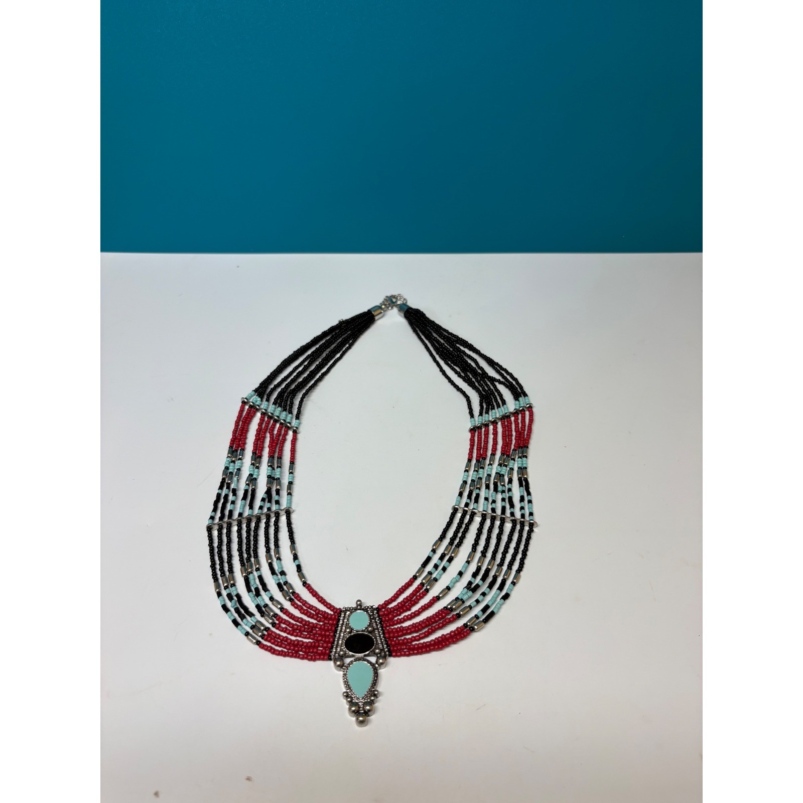 Southwestern Multi Strand Seed Bead Bib Necklace Red Black Turquoise Silver Tone