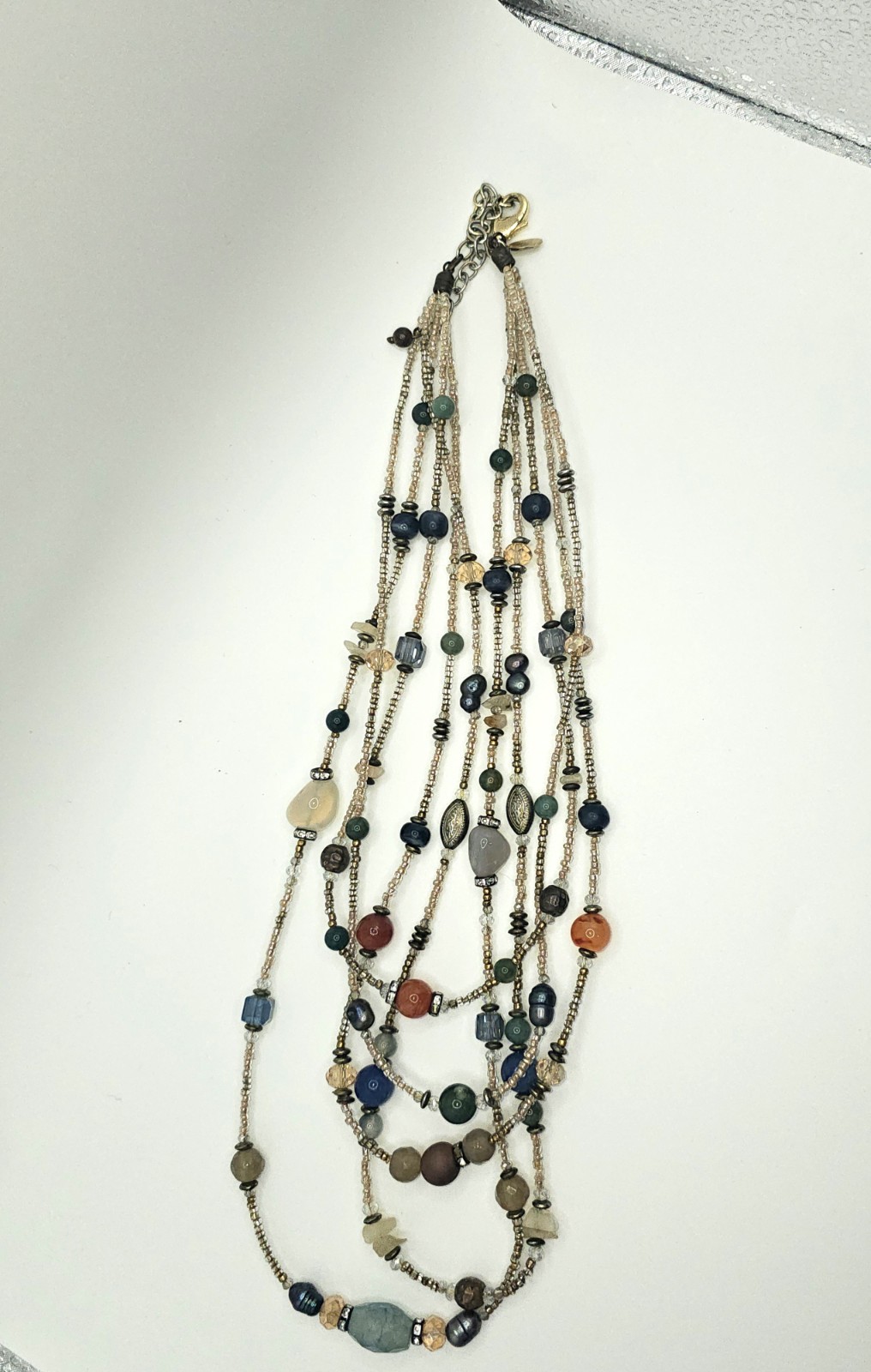 Chico 5 Strand Tourmaline, Glass, and Metallic Beads Necklace Orange Blue Green