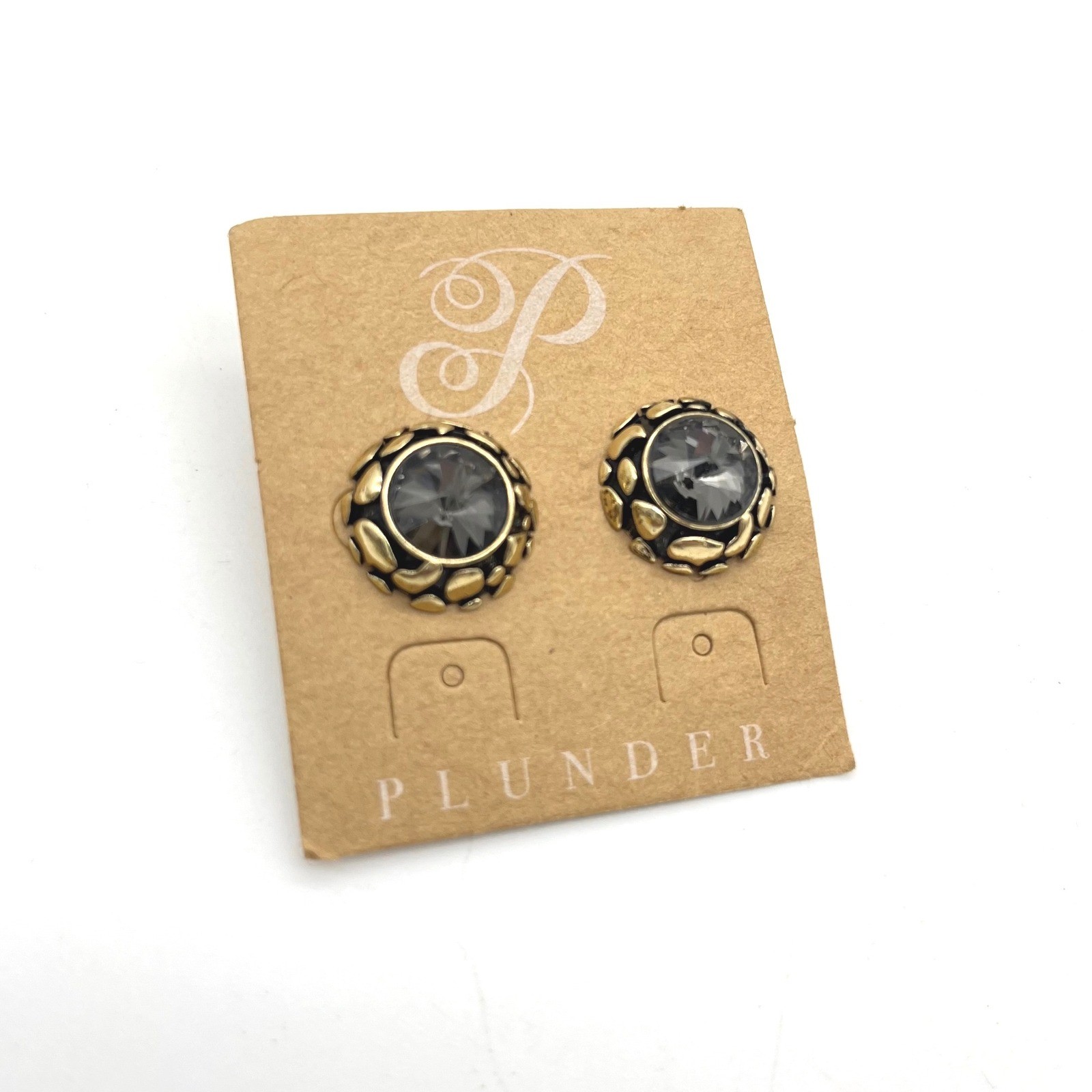 Plunder Design Smoke Grey Crystal Stud Earrings Antiqued Gold Scalloped Round