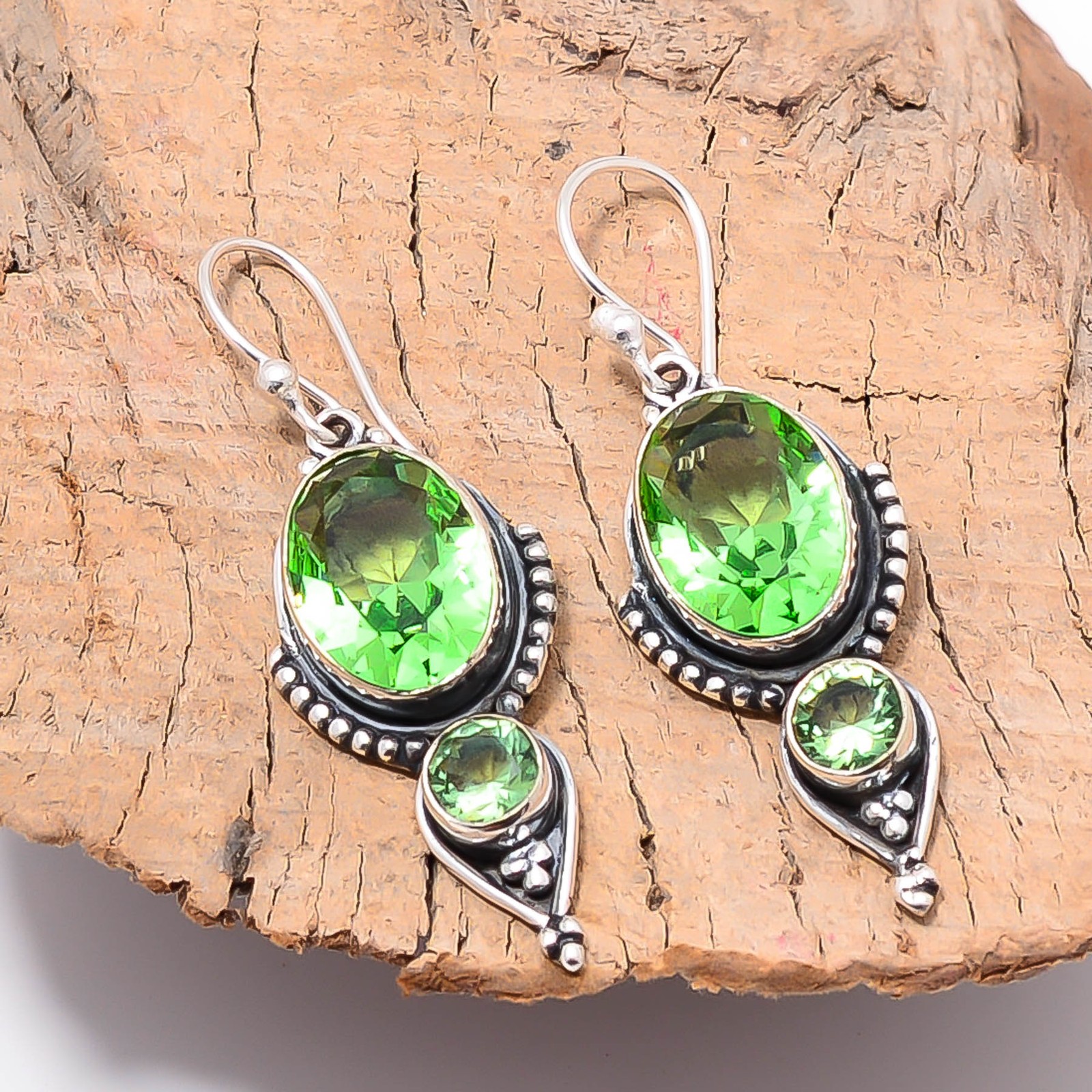 Green Amethyst Oxidised Designer Handmade 925 Sterling Silver Earring 1.82 E62