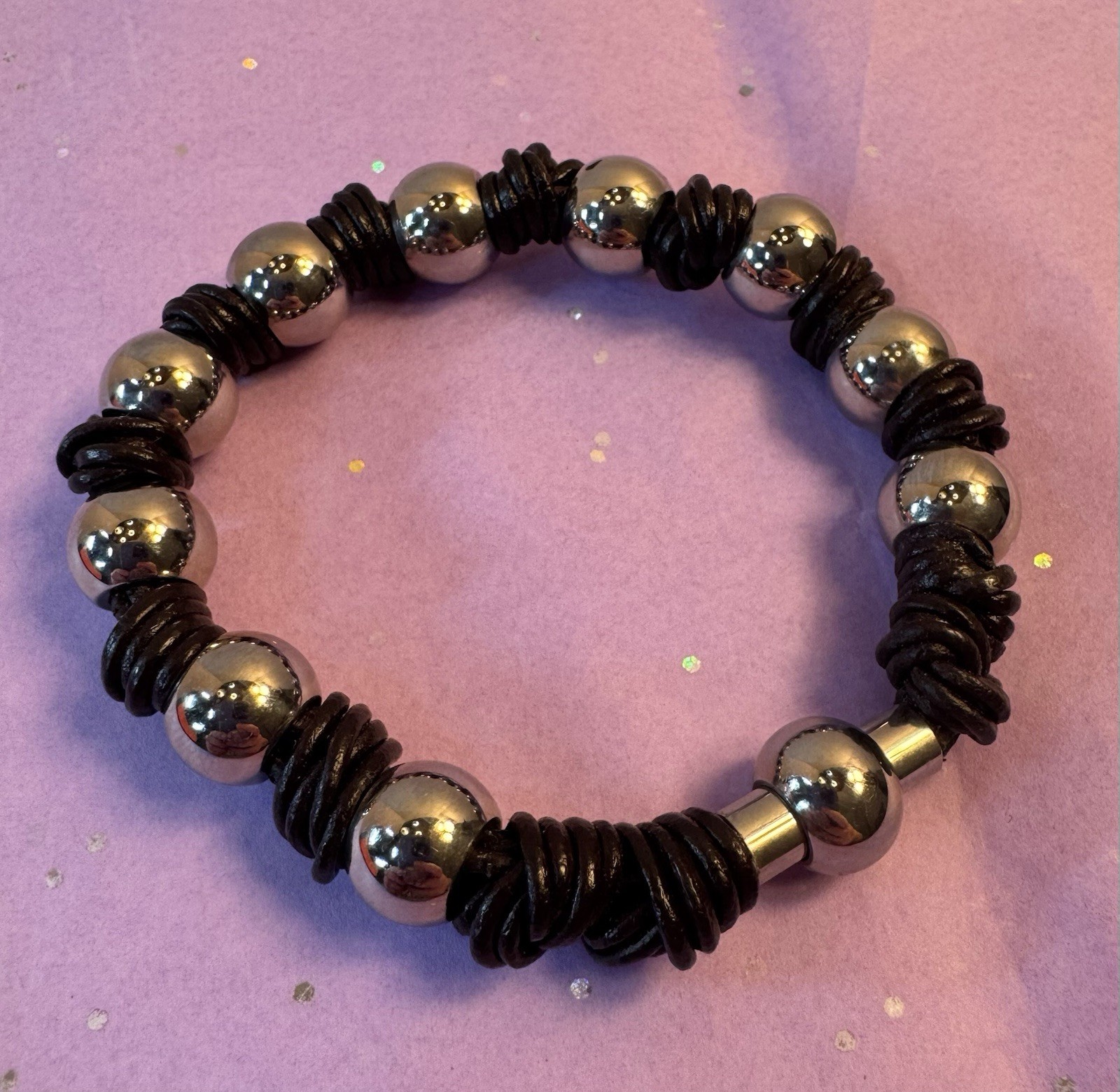Cowhide Leather And Silver Tone Bracelet With Magnetic Closure