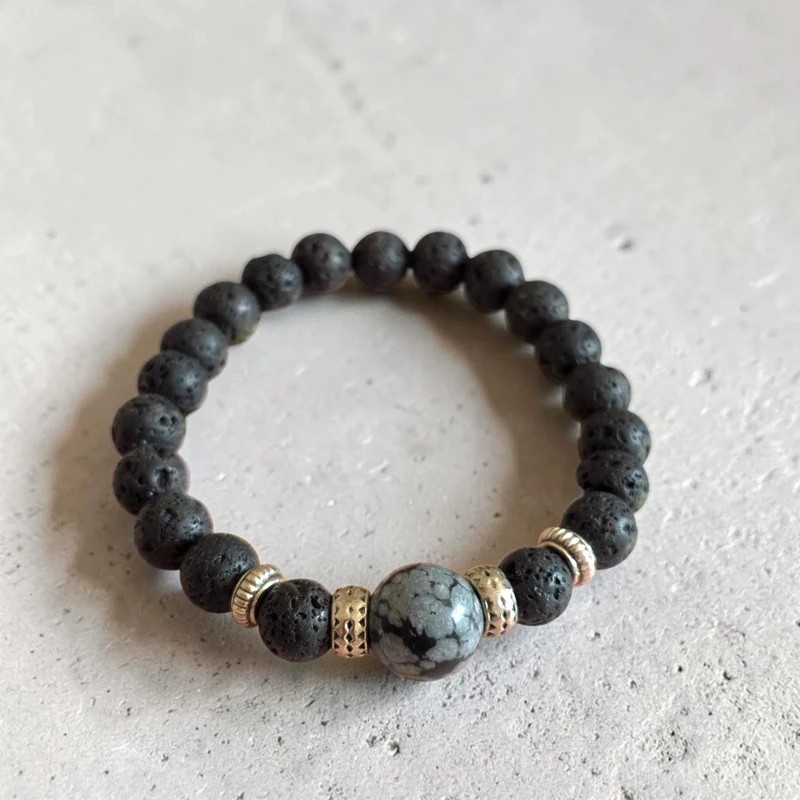 Natural Lava Stone & Snowflake Obsidian Stretch Bracelet – Crystal Jewellery