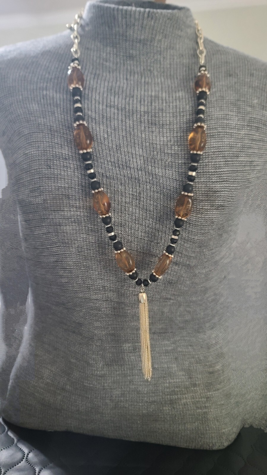 Chunky Gold Tone beaded necklace w/Tassel NWT 32″ w/3.25″ tassel