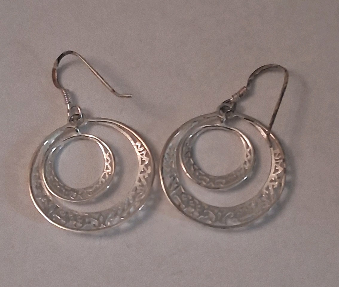 Vtg Sterling Silver Dbl Hoop Dangle Drop Hook Earrings Round .925