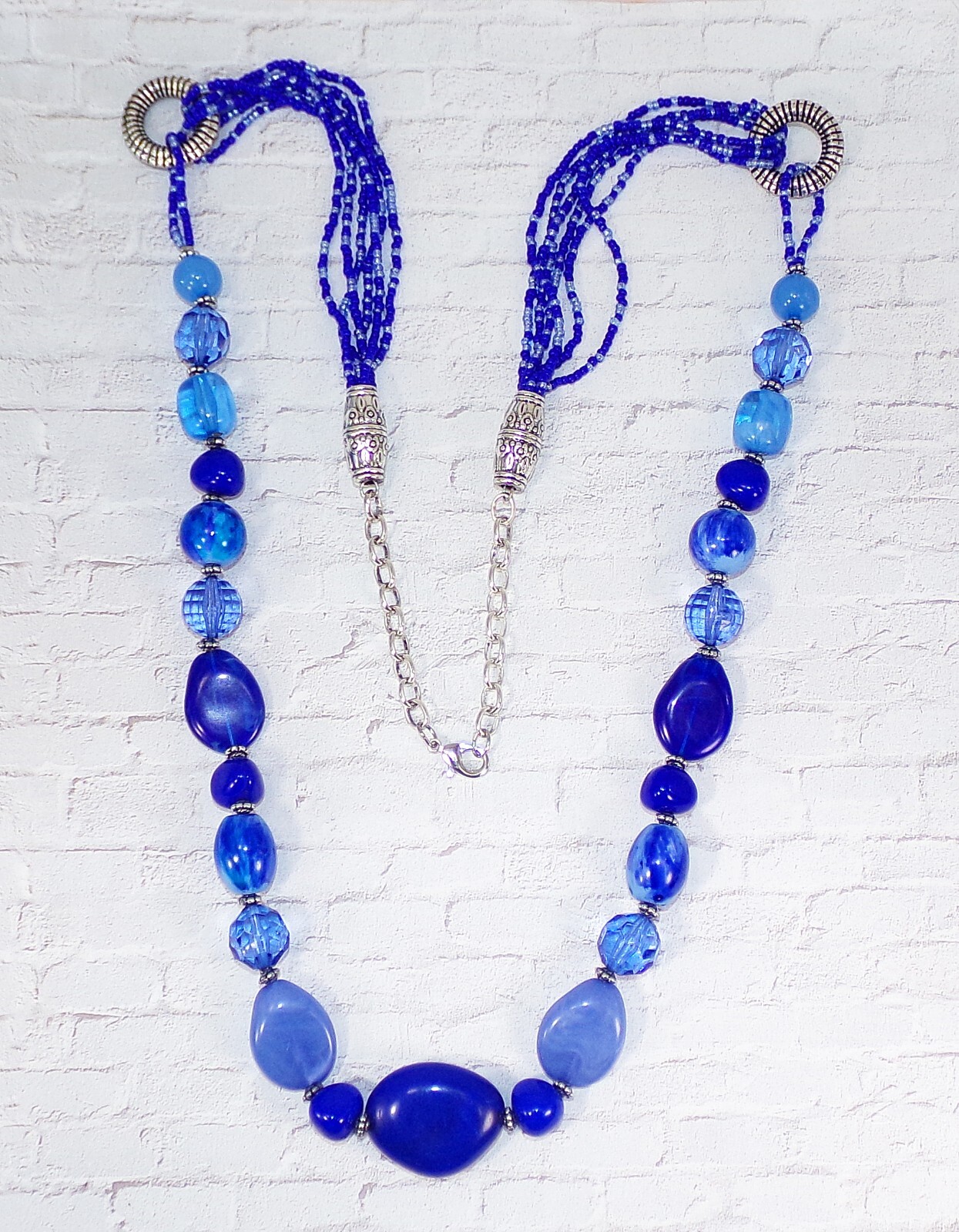 Long Light Blue Boho Bead Necklace Statement Jewelry w/seed beads 37.5” New