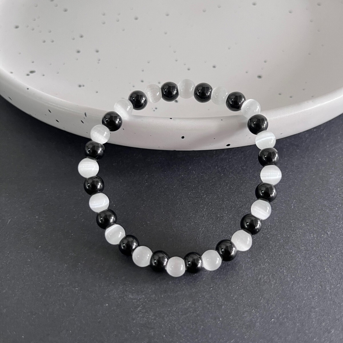 Natural Black Tourmaline Selenite Stretch Bracelet 6mm Round Gemstone Beads