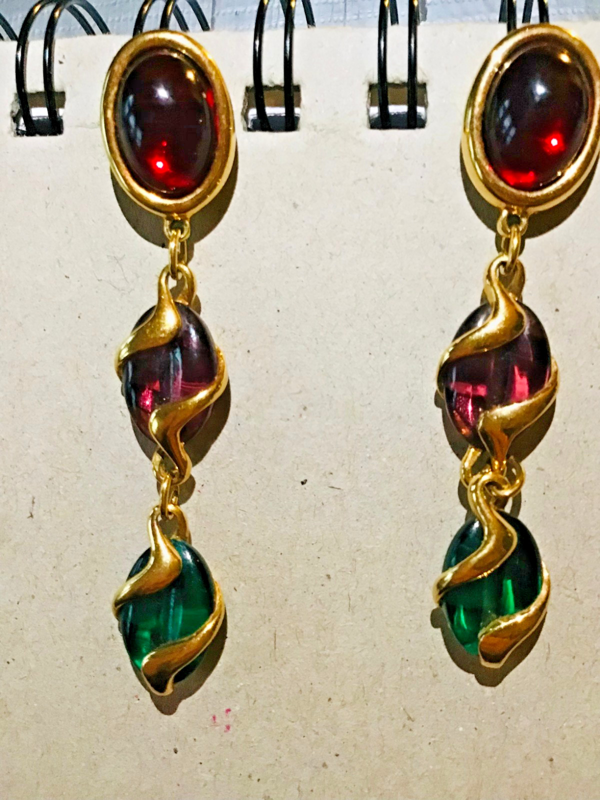 Swarovski Tri-Colored Ruby Emerald Amathyst Crystals Dangle Gold Post Earrings