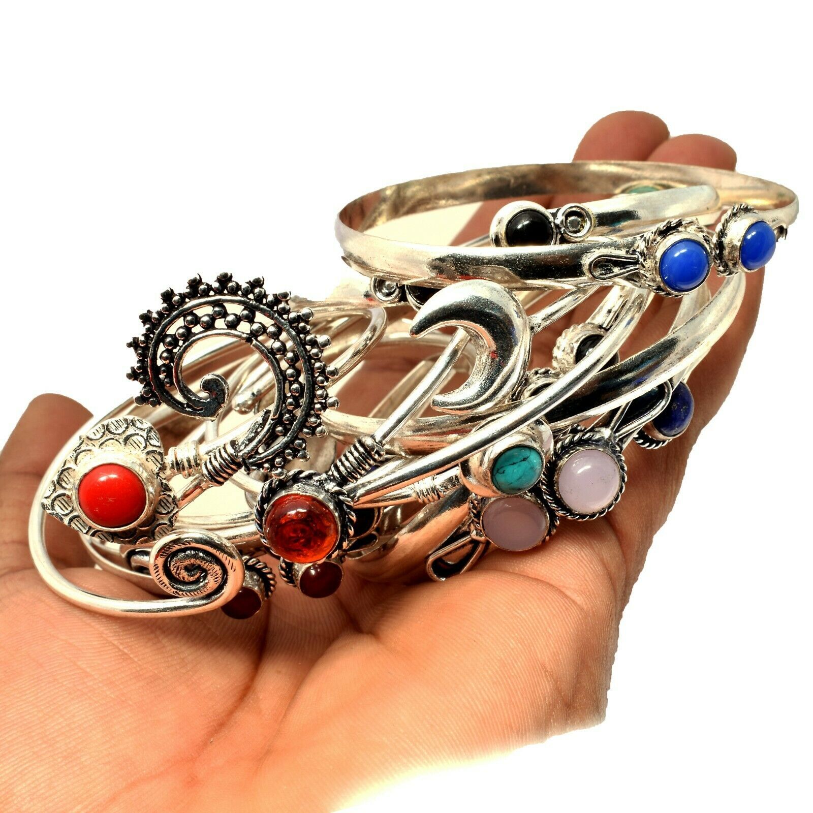 Sale ! 10pcs Mix Gemstone Adjustable Ethnic Cuff Bangles Lot 925 Silver Plated