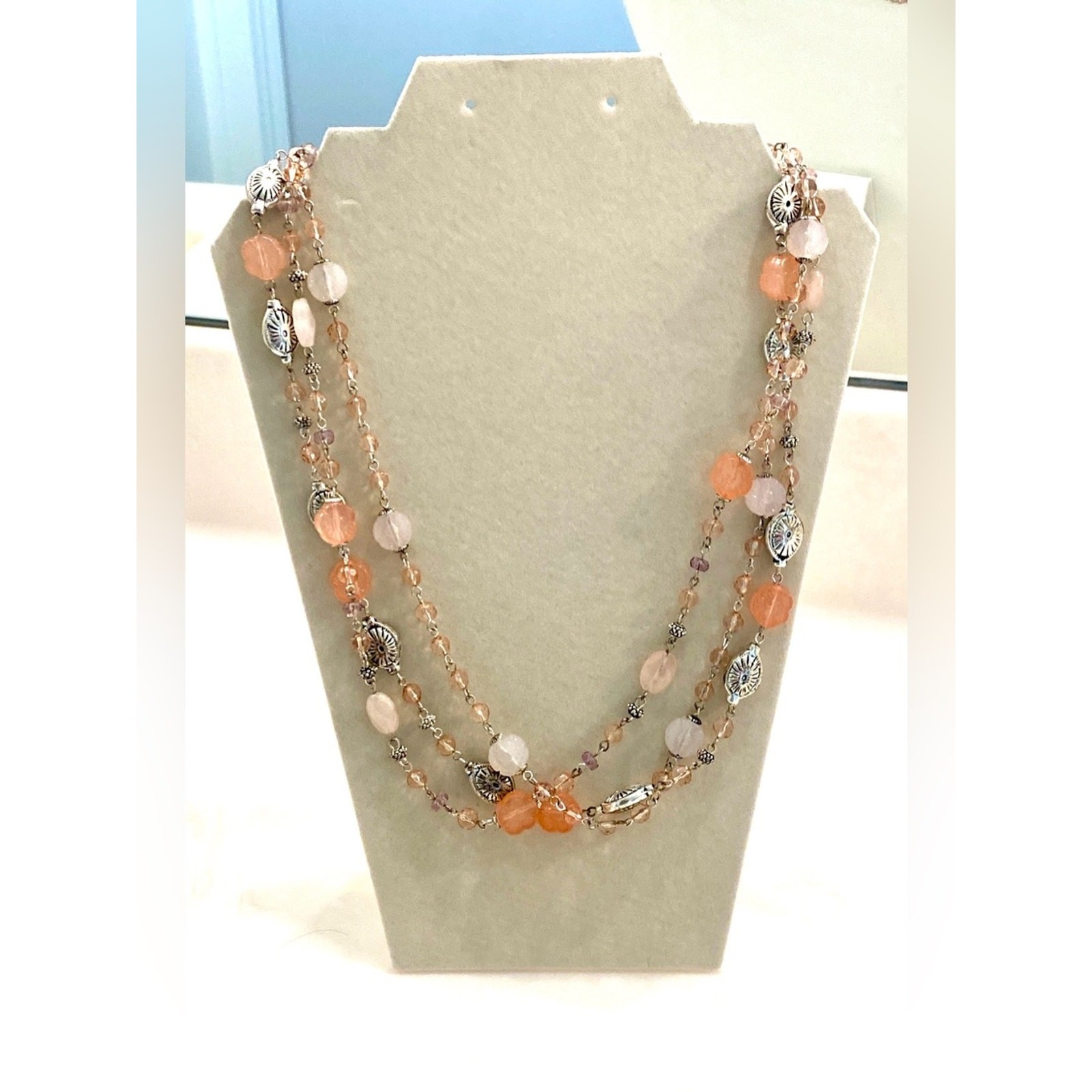 Vintage Avon Peach and Pale Pink Triple-Strand Beaded Necklace with Silver
