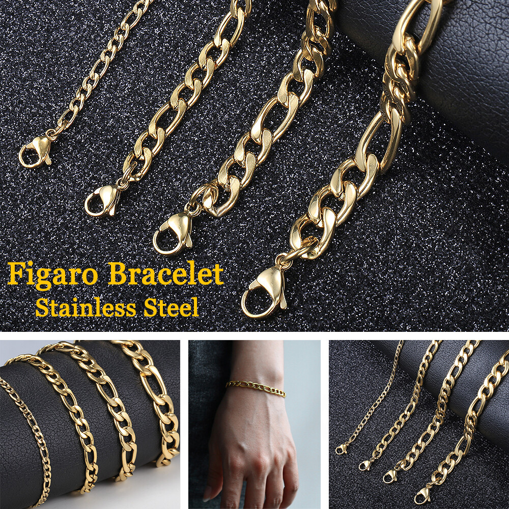 3-9mm Mens Gold Plated Stainless Steel Figaro Chain Bracelet Father’s Day Gift
