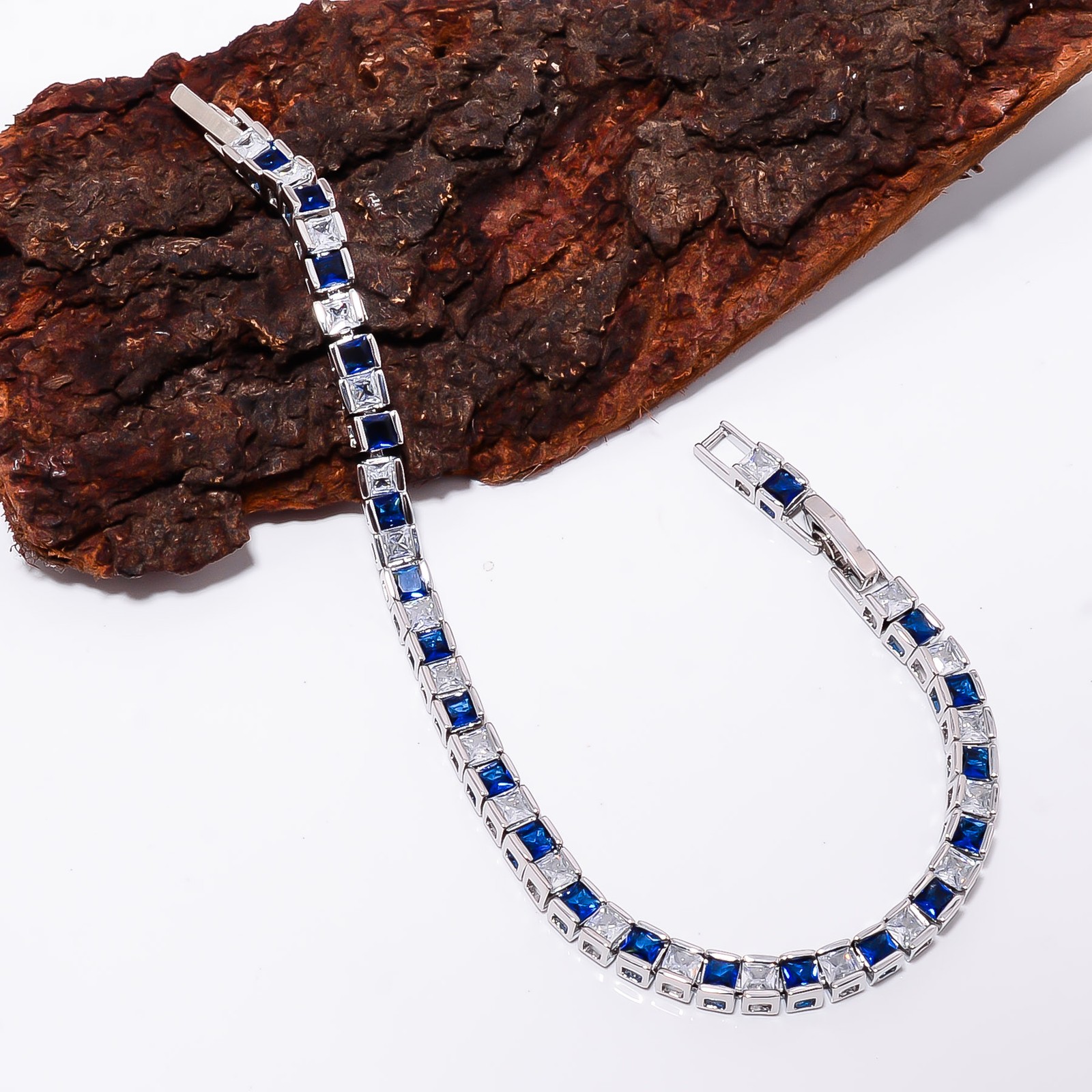 Blue Sapphire -Simulated, CZ 925 Sterling Silver Adjustable Bracelet 7-8″ B0010