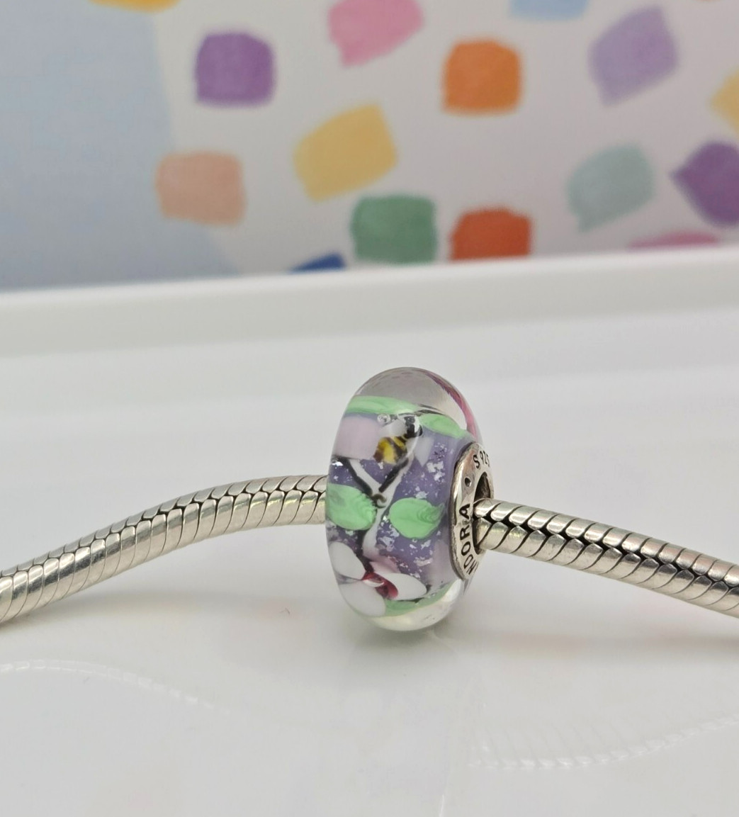Authentic Pandora Bee silver flowers bee Murano Glass Silver murano Charm