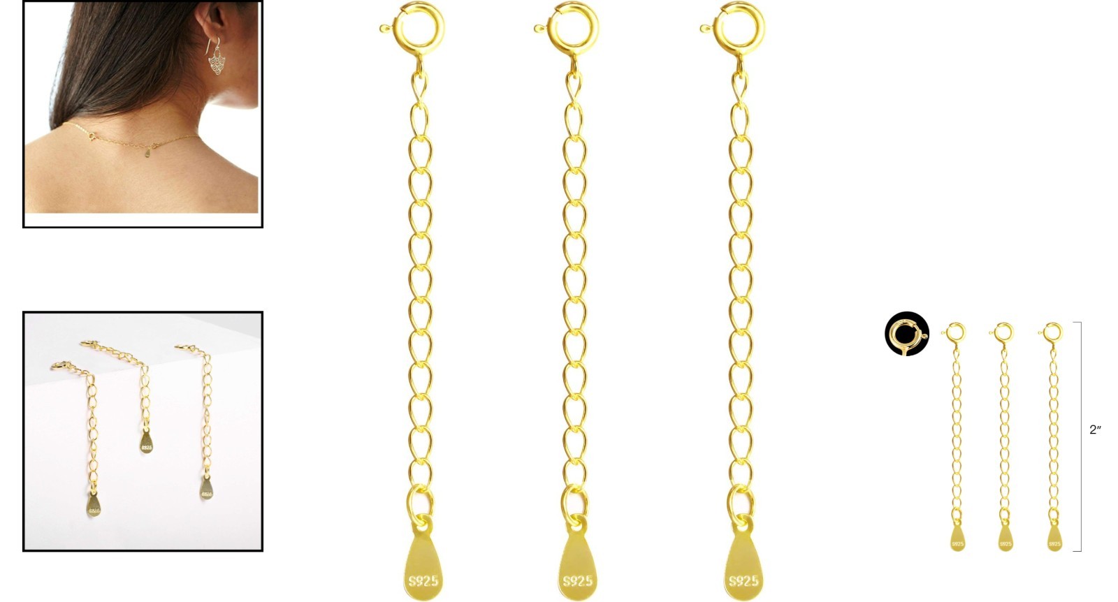 Hypoallergenic Jewelry Extender Chains – 3pcs Gold Plated Sterling Silver
