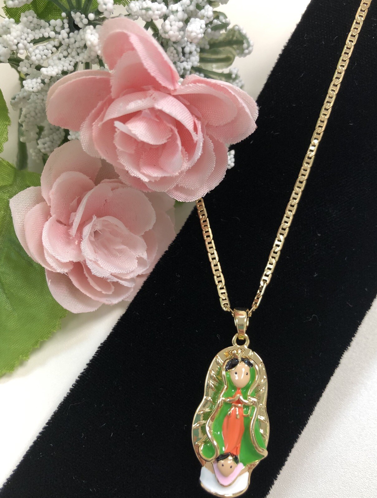 Cadena y Dije de la Virgen de Guadalupe, Oro Laminado, Niñas, Niños, Mujer, Moda