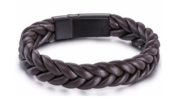 Unisex Black or Brown Stainless Steel and Woven Leather Cuff Bracelet Wristband