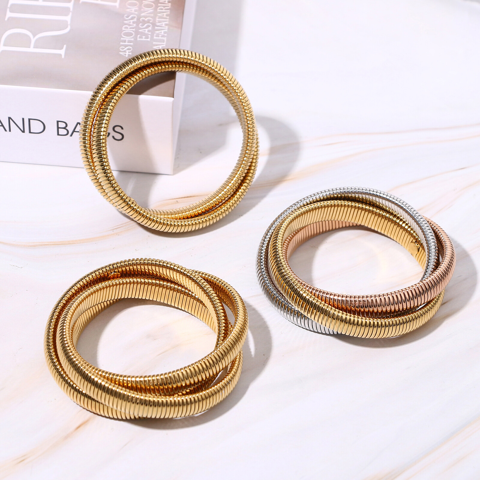 Women’s Stylish Triple Layer Elastic Twisted Titanium Bracelet Bangle for Gift