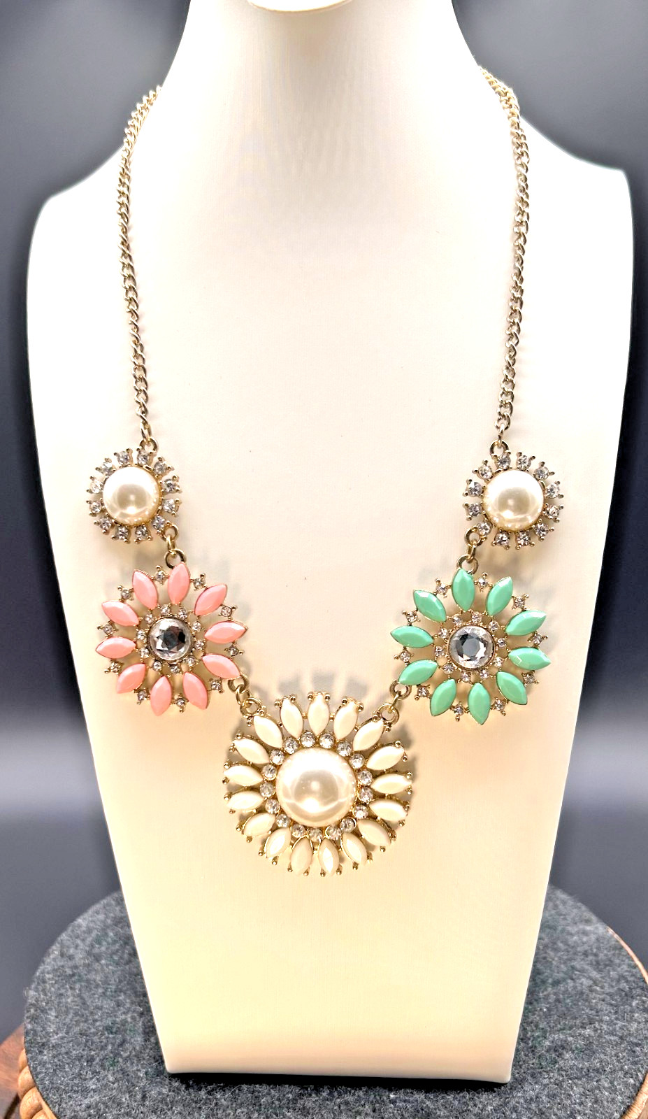 Bold Floral Bib Statement Necklace Pink Mint White Cream Pearl Rhinestones