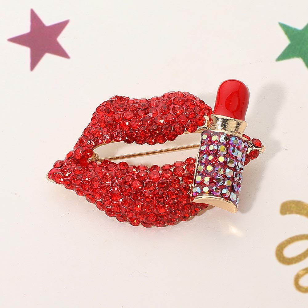 3PCS Rhinestone Lips Lipstick Brooch Pin Set Crystal Fashion Lapel Pin Gift Wome