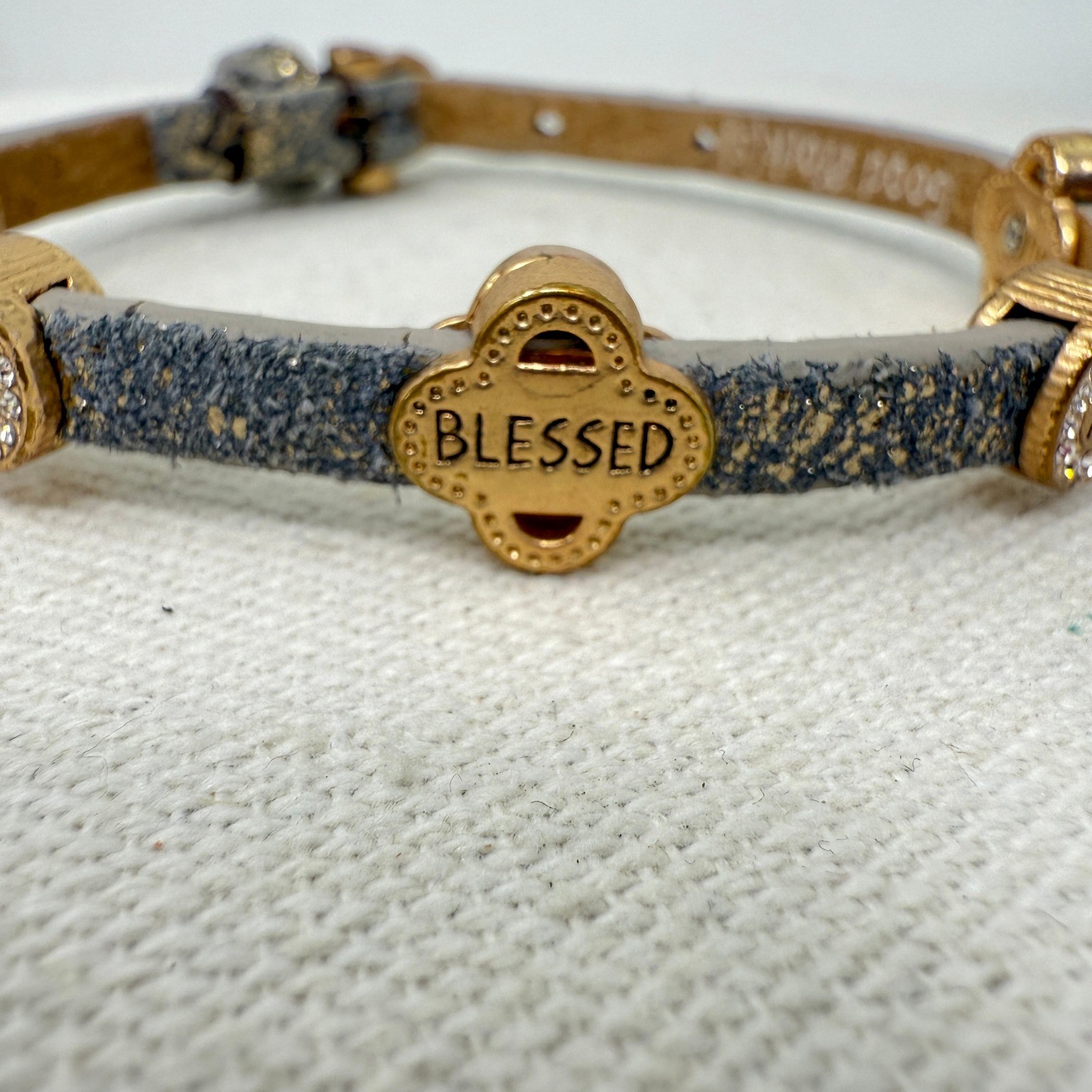 Good Works Blessed Fearless Strength Leather Bracelet Gold Tone Rhinestones