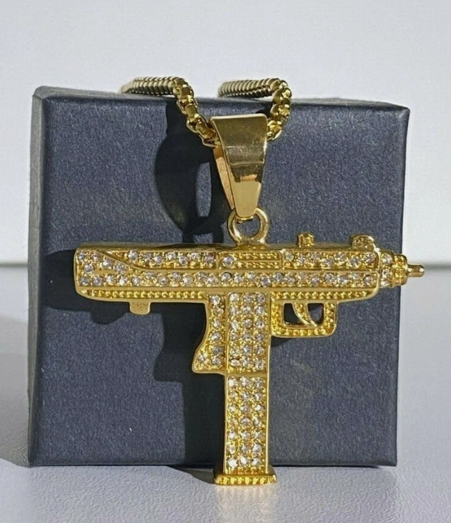 New Gold Tone UZI Machine Gun Steel Revolver Necklace Chain Out