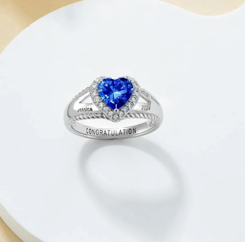 Women Custom Heart Gemstone For University High School Class Ring In 925 Silver
