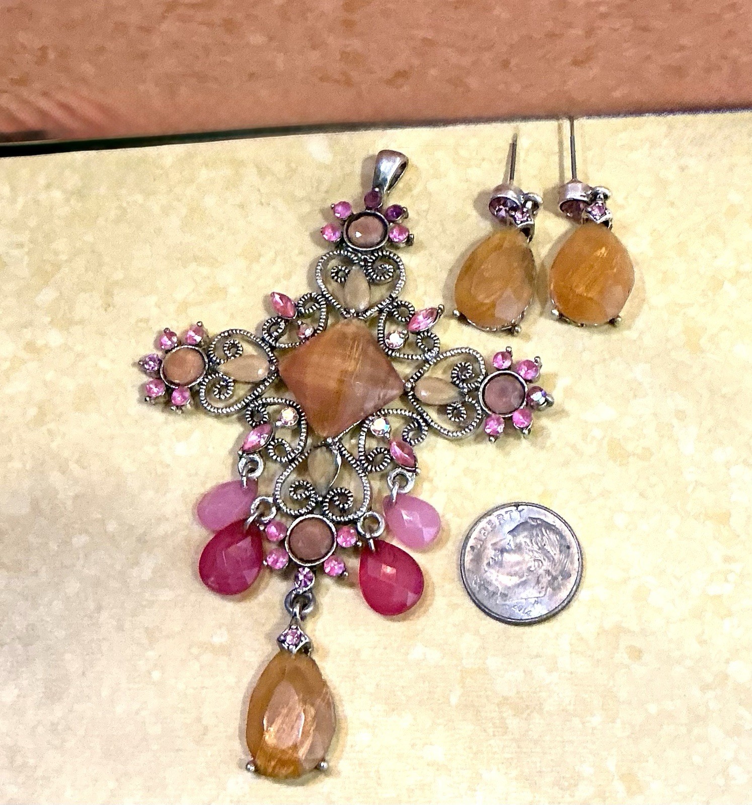 Edwardian Inspired Christian Cross Pendant & Earrings Pinks Orange Summer GOTH