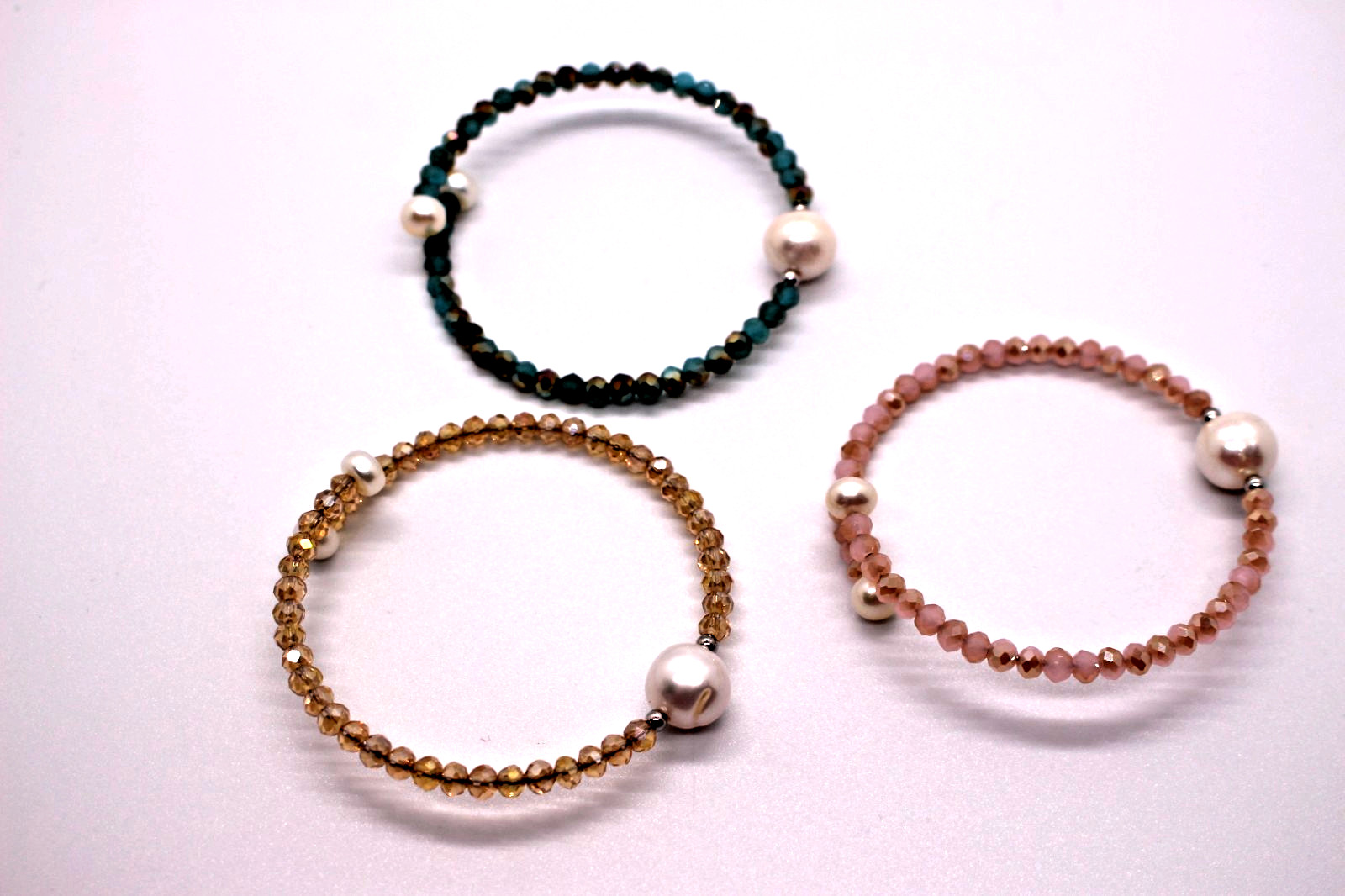 JTV SET OF 3 BRACELETS CPL238 6-11 CULTURED FRESH WATER PEARL CRYSTAL STAINLESS