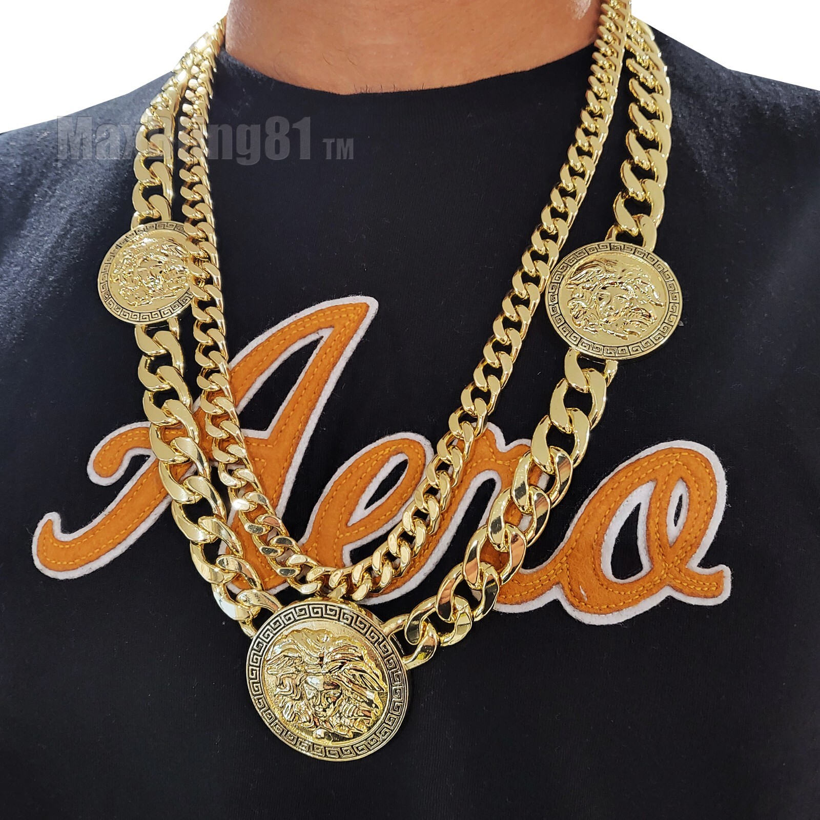 Gold Plated Medusa Head 3 Medallion Cuban Link Chain Necklace & 10mm 30″ Chain