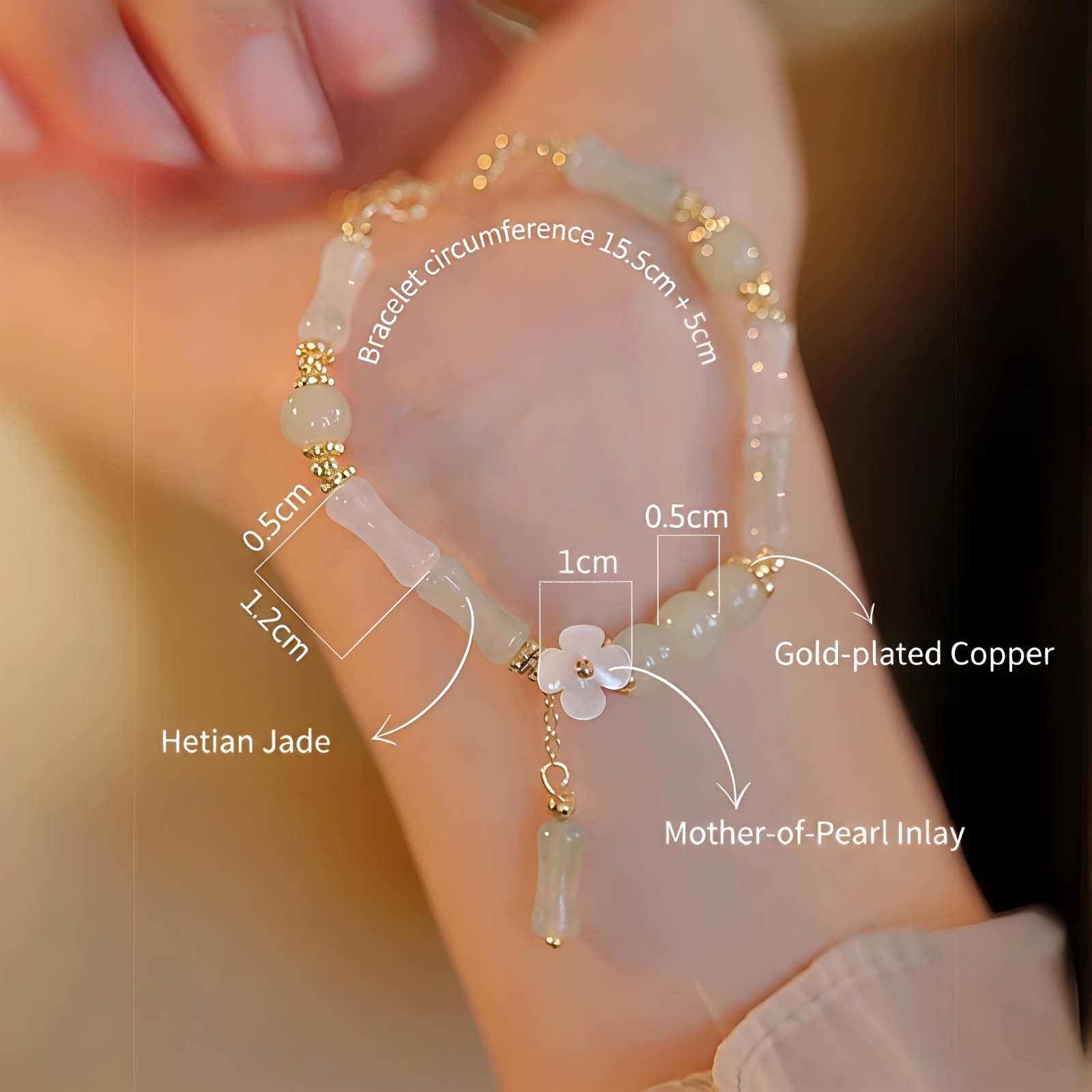 Genuine Hetian Jade Bracelet Bamboo Style Mother of Pearl Flower Gold Plated