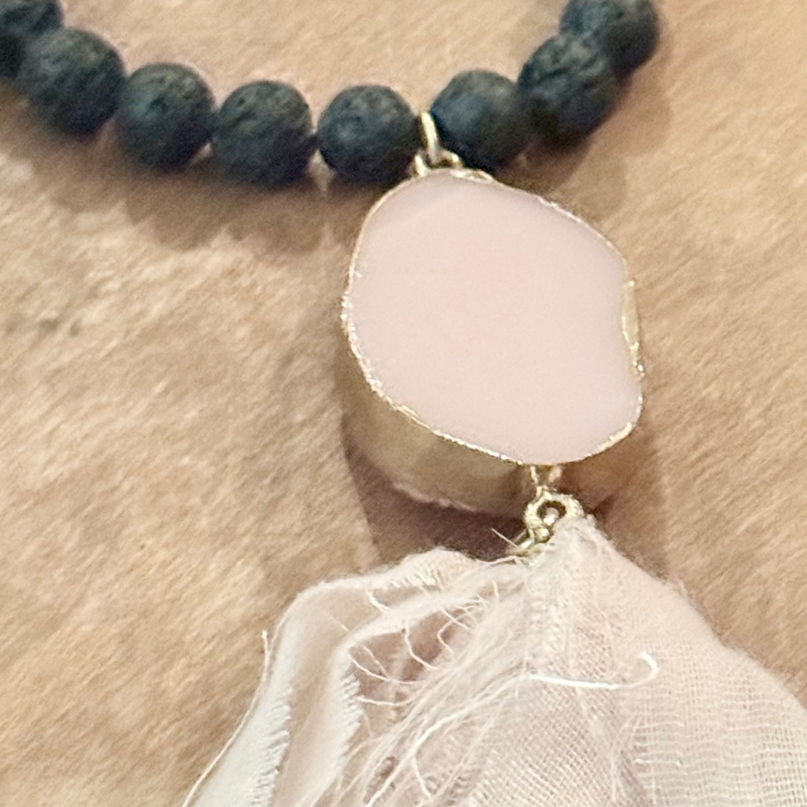 Boho Rose Quartz & Black Lava Rock Beaded Statement Necklace with Silk Tassel