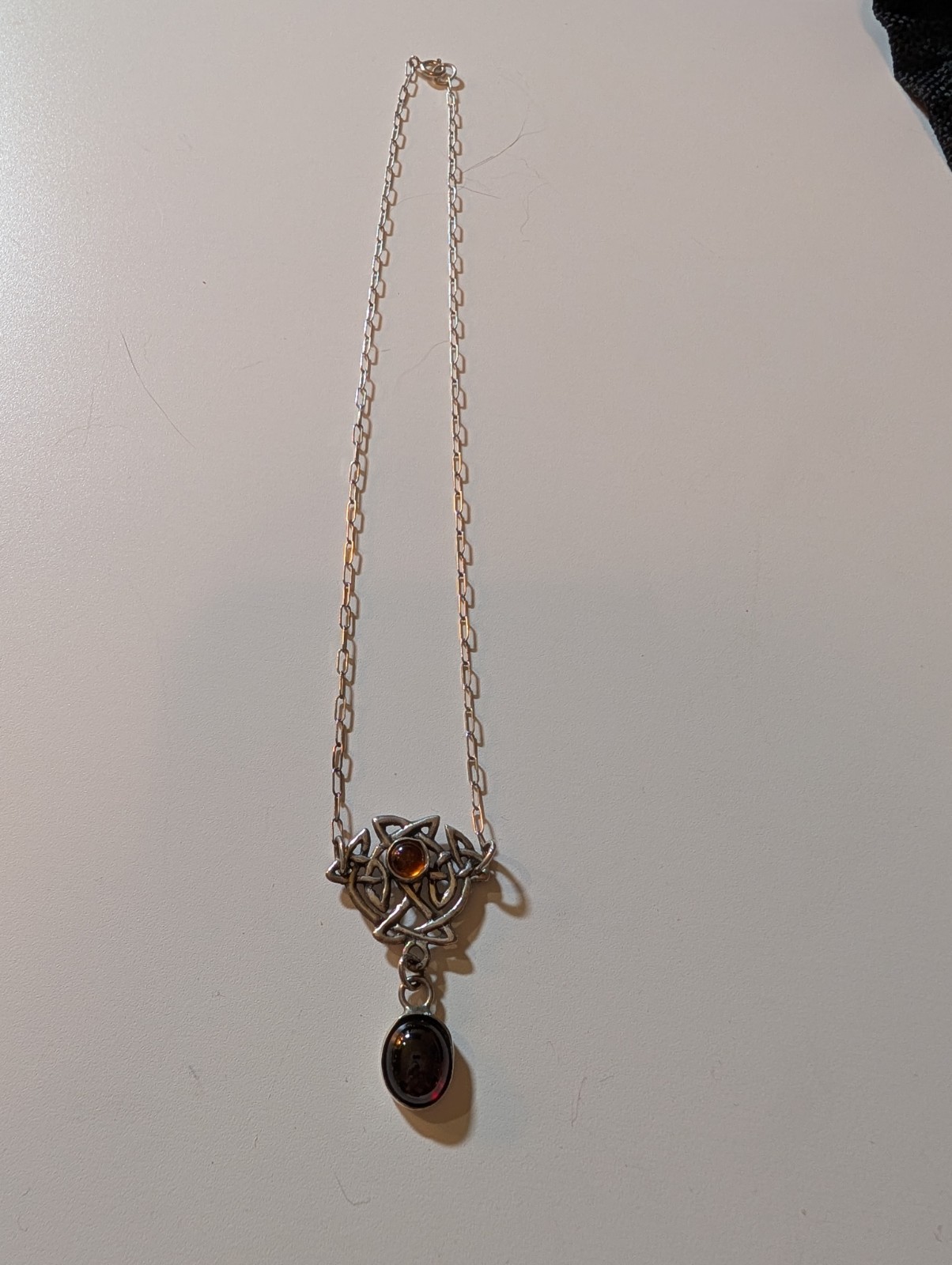 Sterling Silver Celtic Knot Oval Garnet and Round Amber Cabochon Chain Necklace