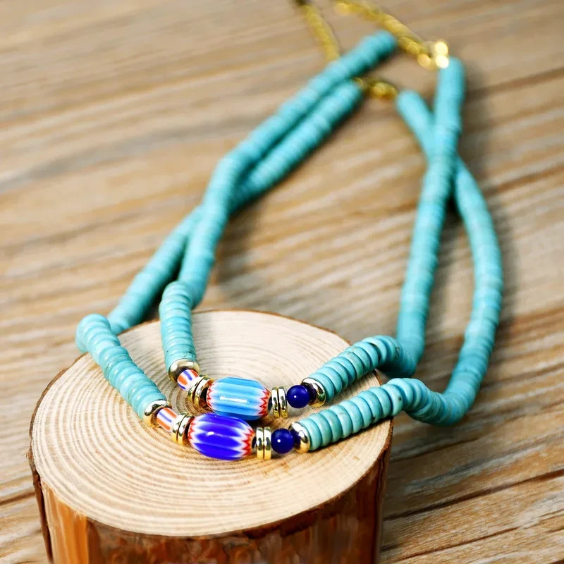 VIVID SINGLE STRAND TURQUOISE BEADS AND GLASS CRYSTAL PENDANT BEADED NECKLACE